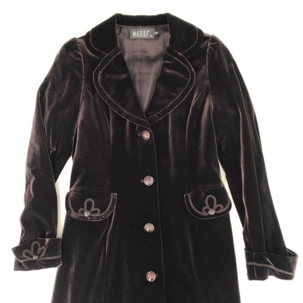 Wanko Vintage Notch Collar Lined Coat w Brocade embroidery Details Wine Sz 36